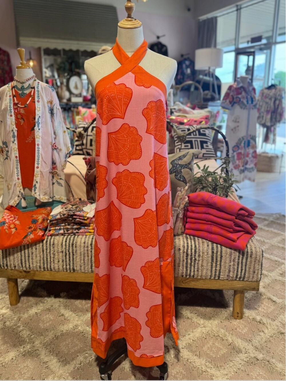 Shelly Seashell Pink & Orange Halter Maxi Dress
